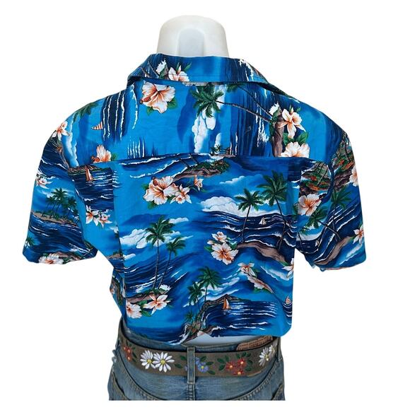 Hawaiian Shirt Blue Tropical Button Up Crop Top One Size Boxy Coconutgirl Unique - Picture 4 of 6